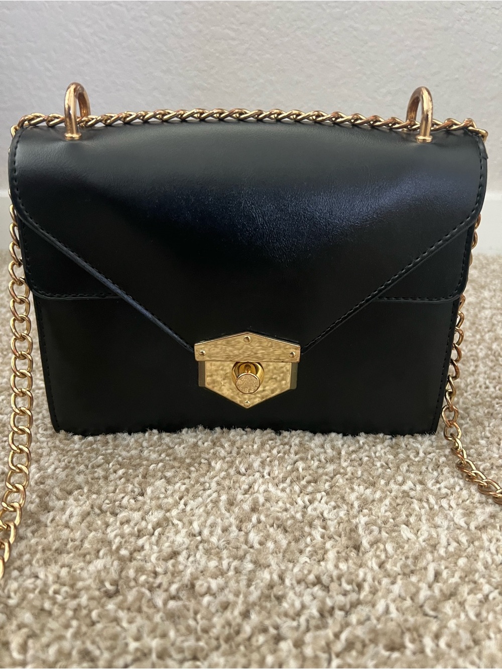 Black Leather Crossbody Bag with Gold Chain